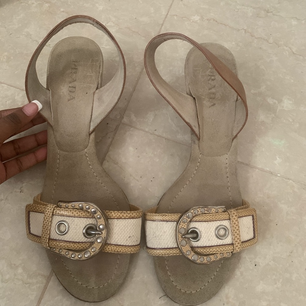 Open toe Beige and White Prada heels